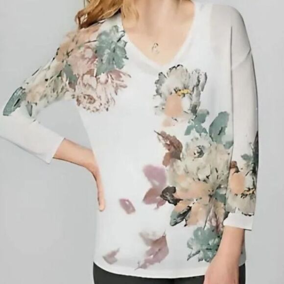 J. Jill Linen Blend Semi Sheer Knit Tunic Relaxed Fit Costal Beach Floral - Picture 5 of 12